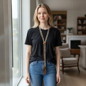 Crystal Leather Wrap Painted Jasper Stone Long Necklace Boho Tassel Silver Chain